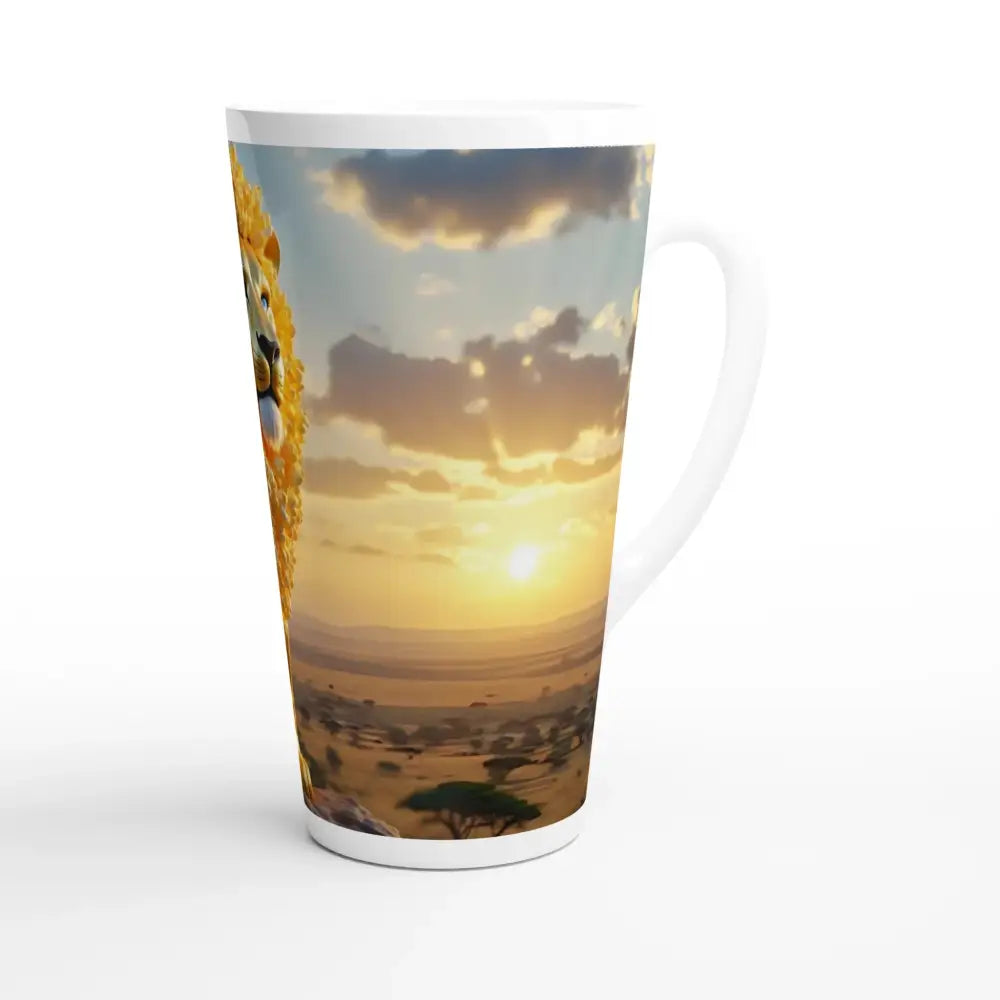 White Latte 17oz Ceramic Mug featuring Lion and Sunset design from The Golden Kernel King collection