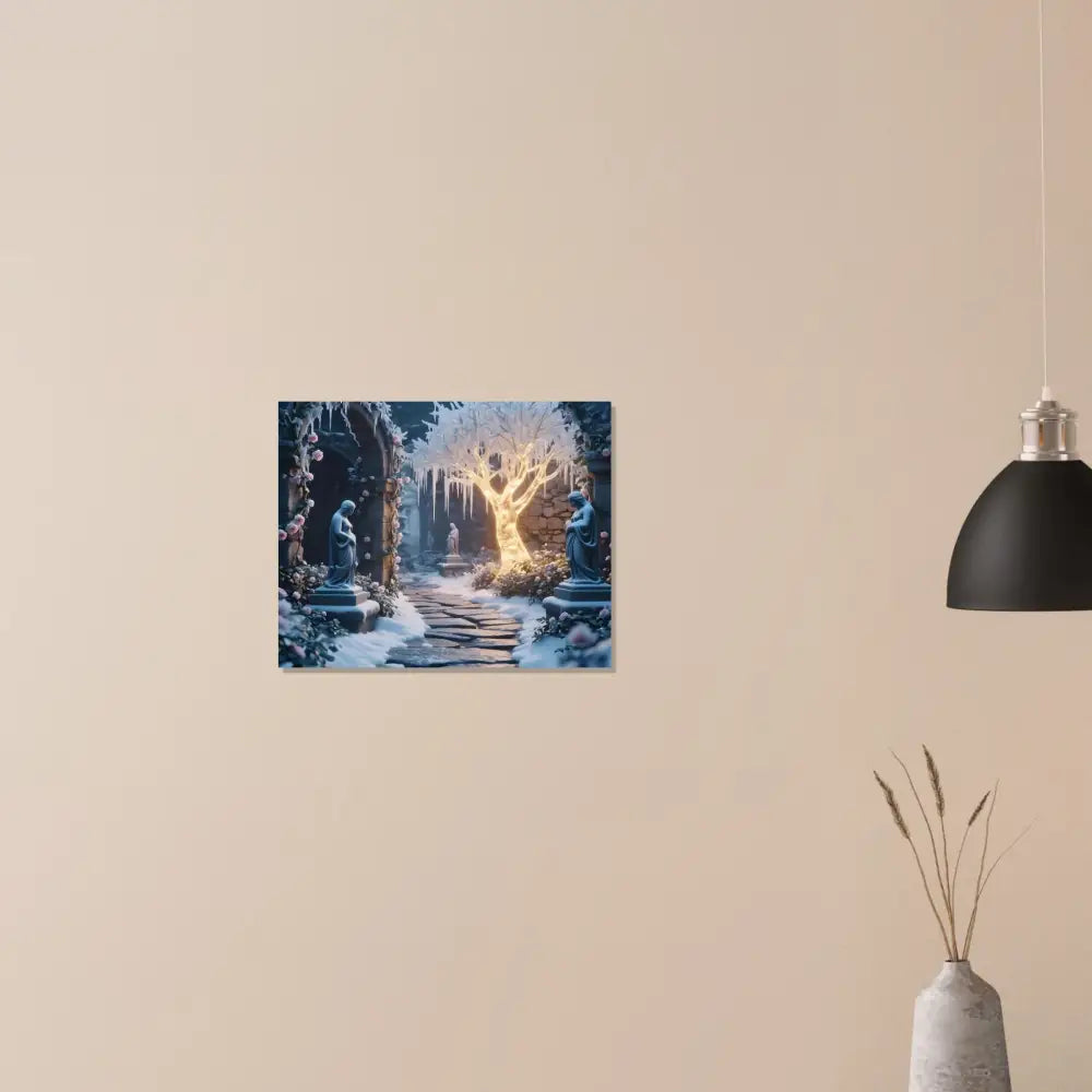 Winter garden art print showcasing a glowing icy grove in Winter Light Tree PixiOnyx Fine Art Print
