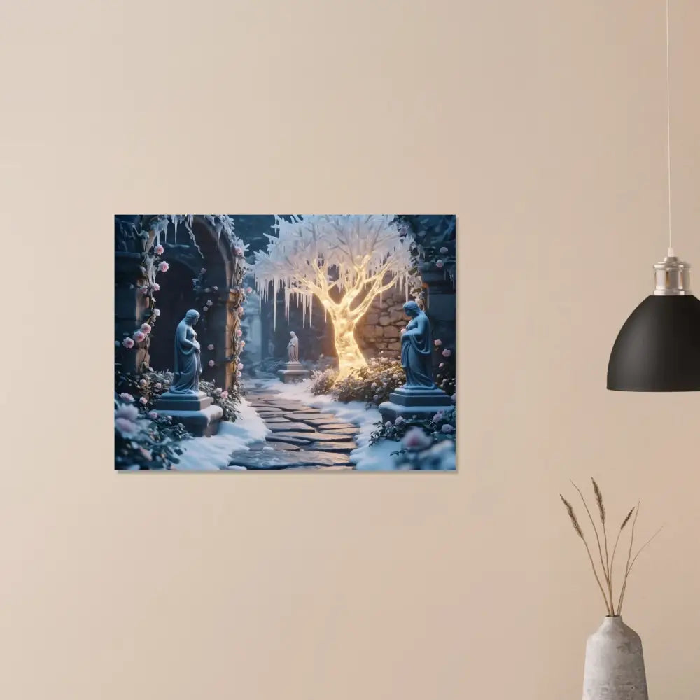 Winter garden art print showcasing glowing icy grove in Winter Light Tree PixiOnyx Fine Art Print