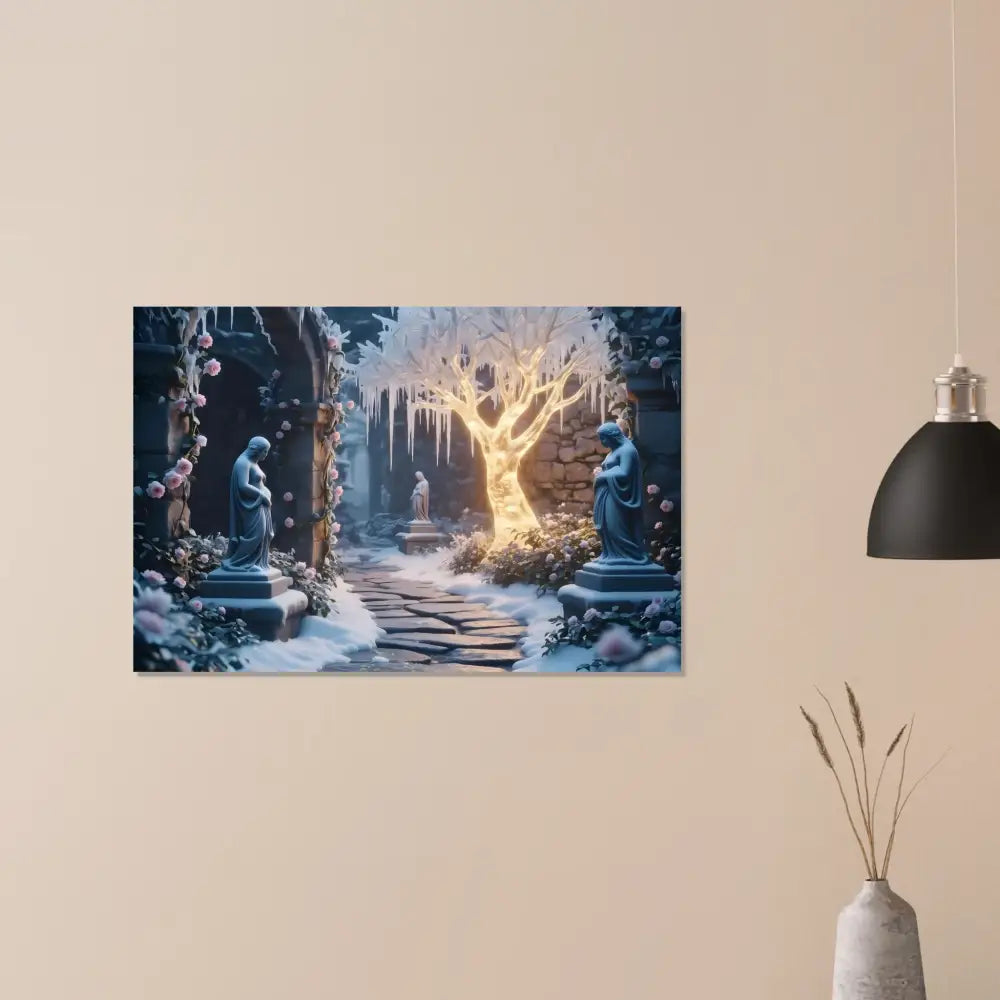 Winter garden art print featuring icy trees glowing in a winter scene