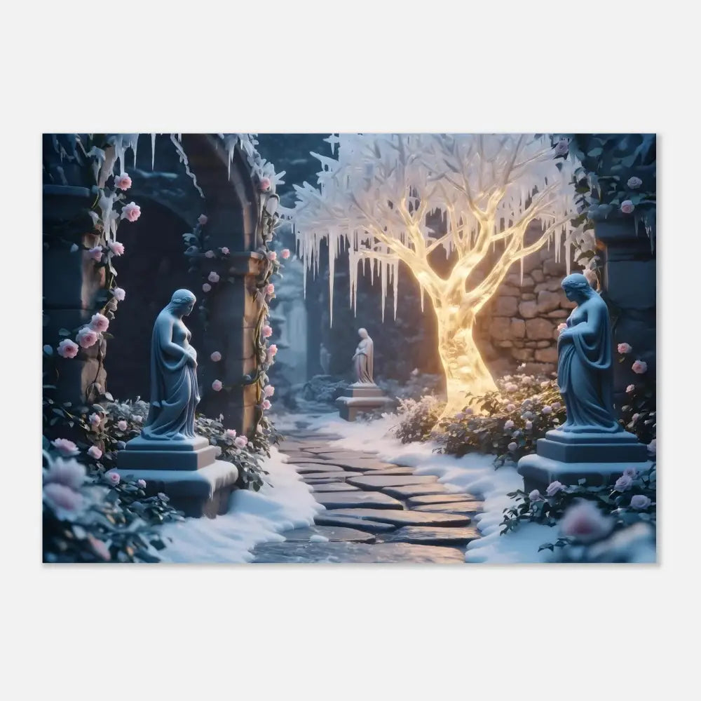 Winter garden scene with statues and illuminated tree in PixiOnyx Winter Light Tree Fine Art Print