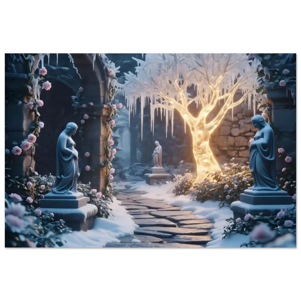 Winter garden with statues and glowing tree in Frosted Stillness Series print