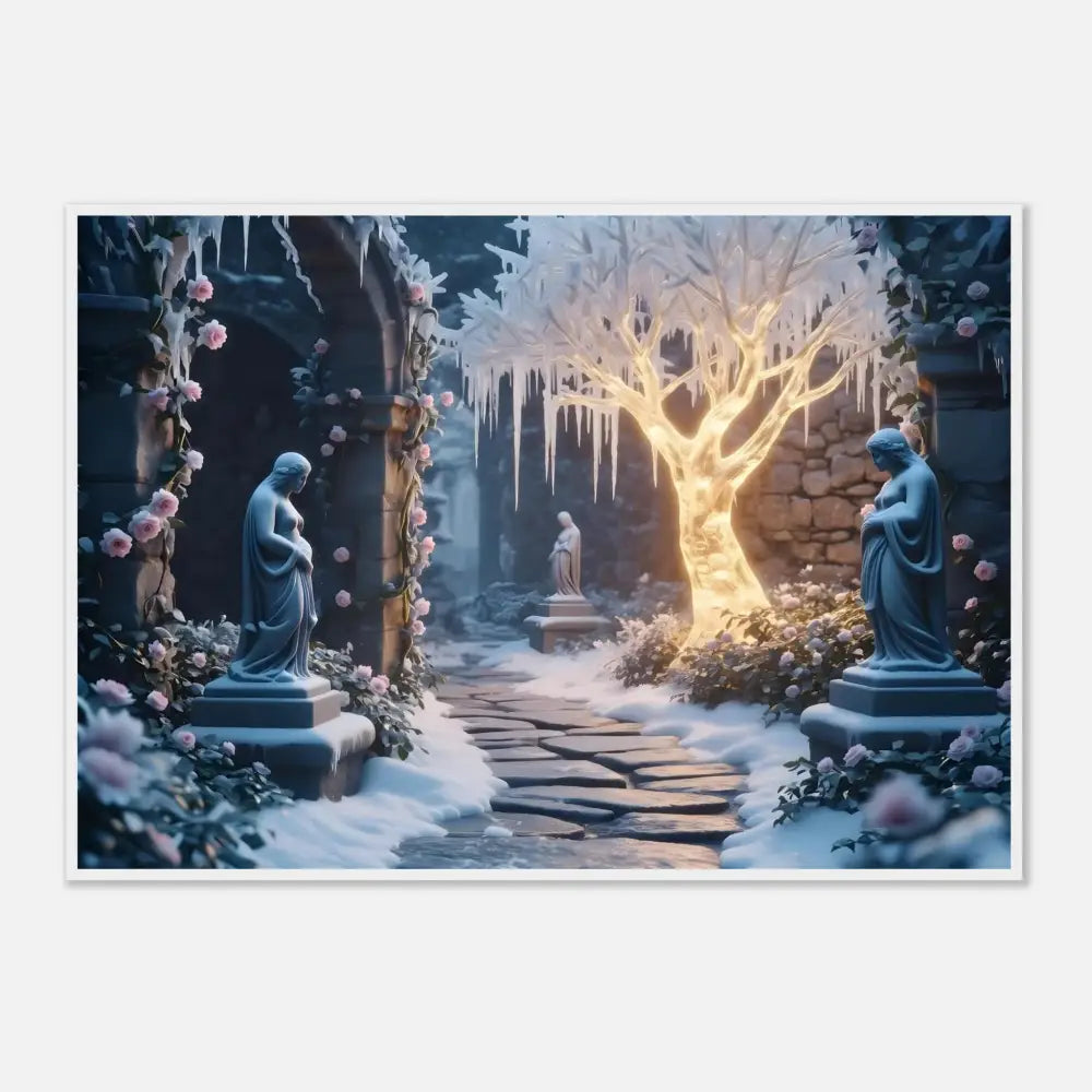 Winter garden scene with statues from Winter Sanctuary Framed Ice Garden Print