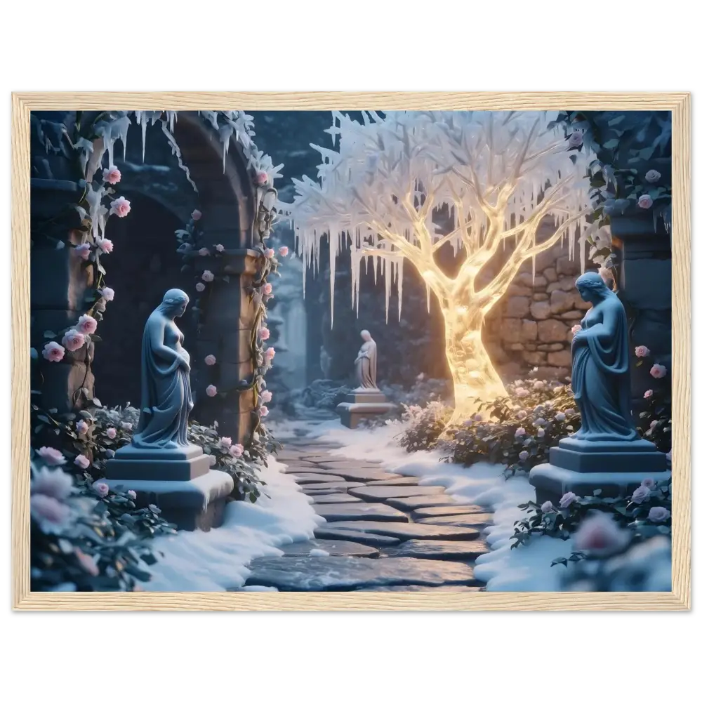 Framed winter garden scene from PixiOnyx Frosted Stillness Series Winter Sanctuary print