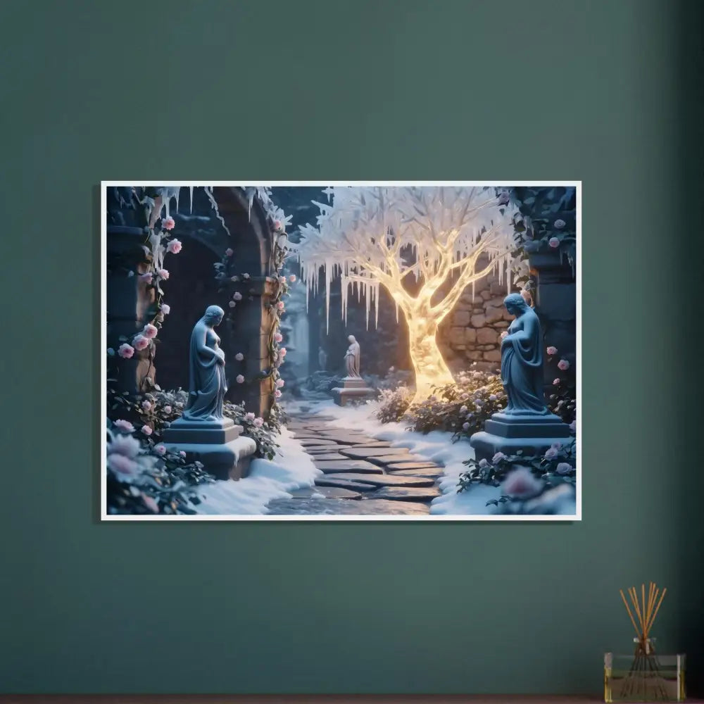 Winter garden art print framed in Frosted Stillness Series for Winter Sanctuary decor