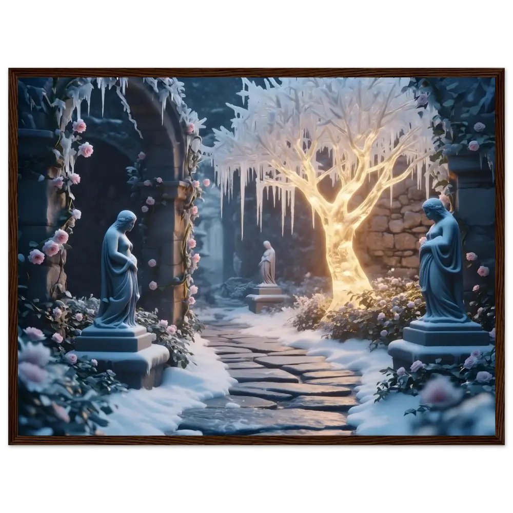 Winter garden scene with statues in Frosted Stillness Series framed print by PixiOnyx