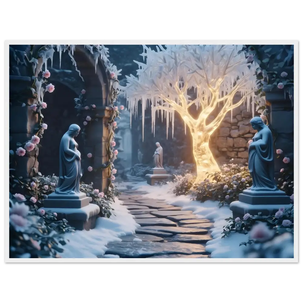 Winter garden with statues from PixiOnyx Frosted Stillness Series framed print