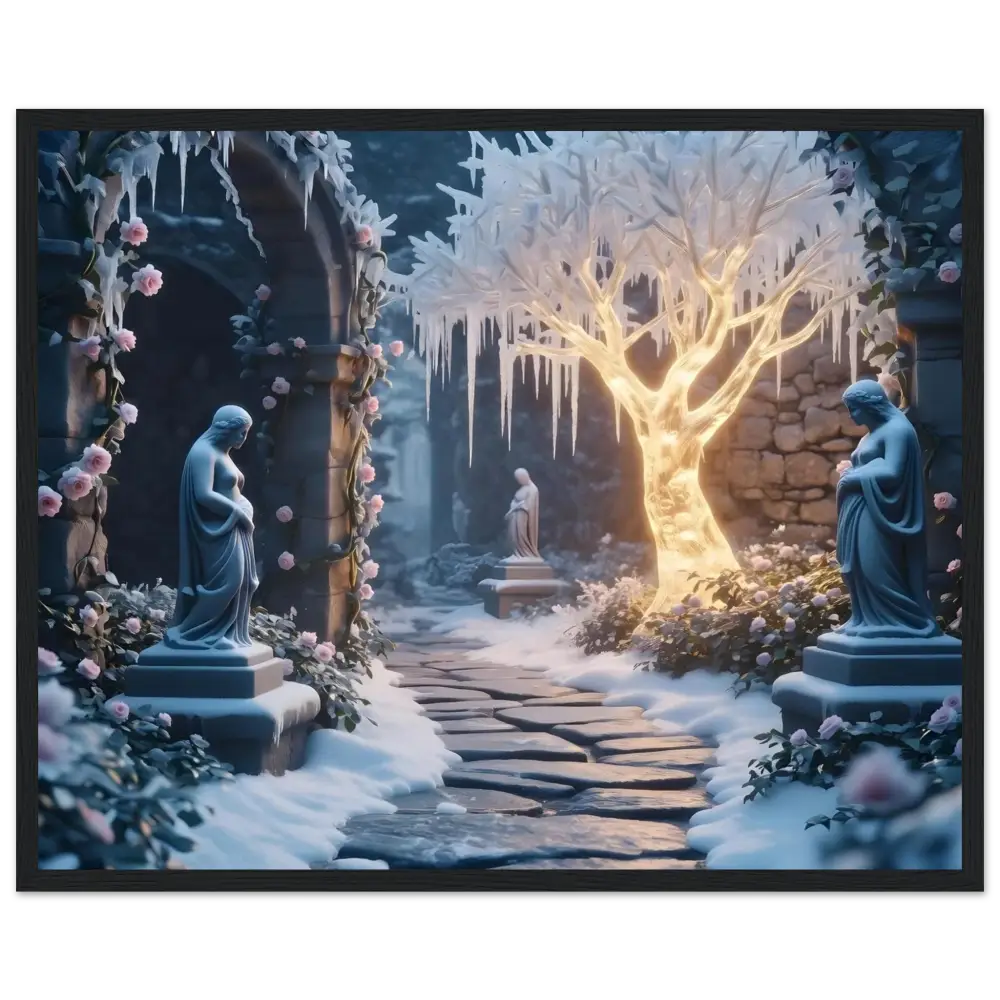 Icy winter garden scene from Winter Sanctuary Framed Ice Garden Print by PixiOnyx