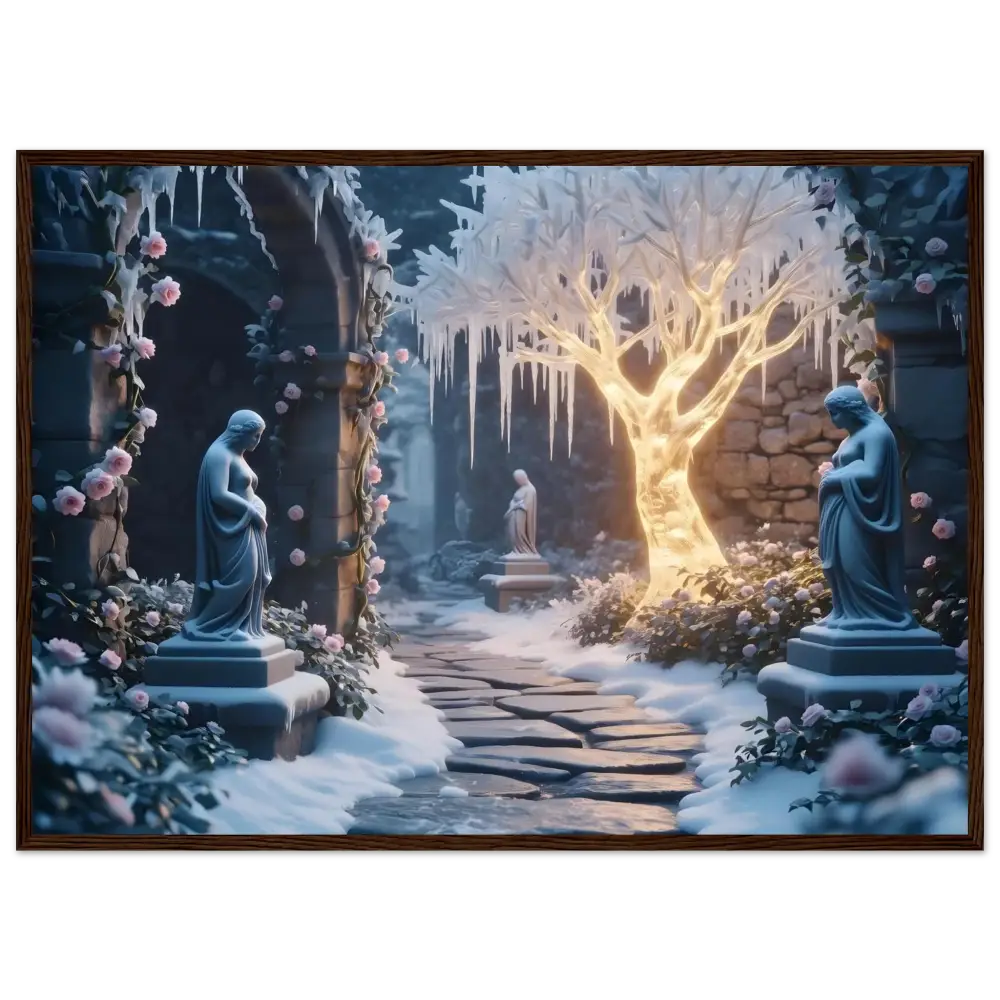 Winter garden scene with statues in frosted stillness series framed print by PixiOnyx