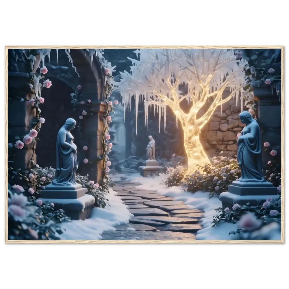 Winter garden with statues from Winter Sanctuary Framed Ice Garden Print by PixiOnyx