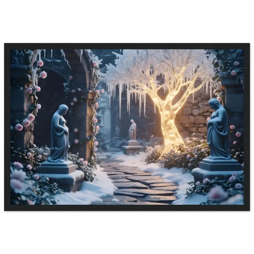 Winter garden with statues from PixiOnyx Frosted Stillness Series framed print