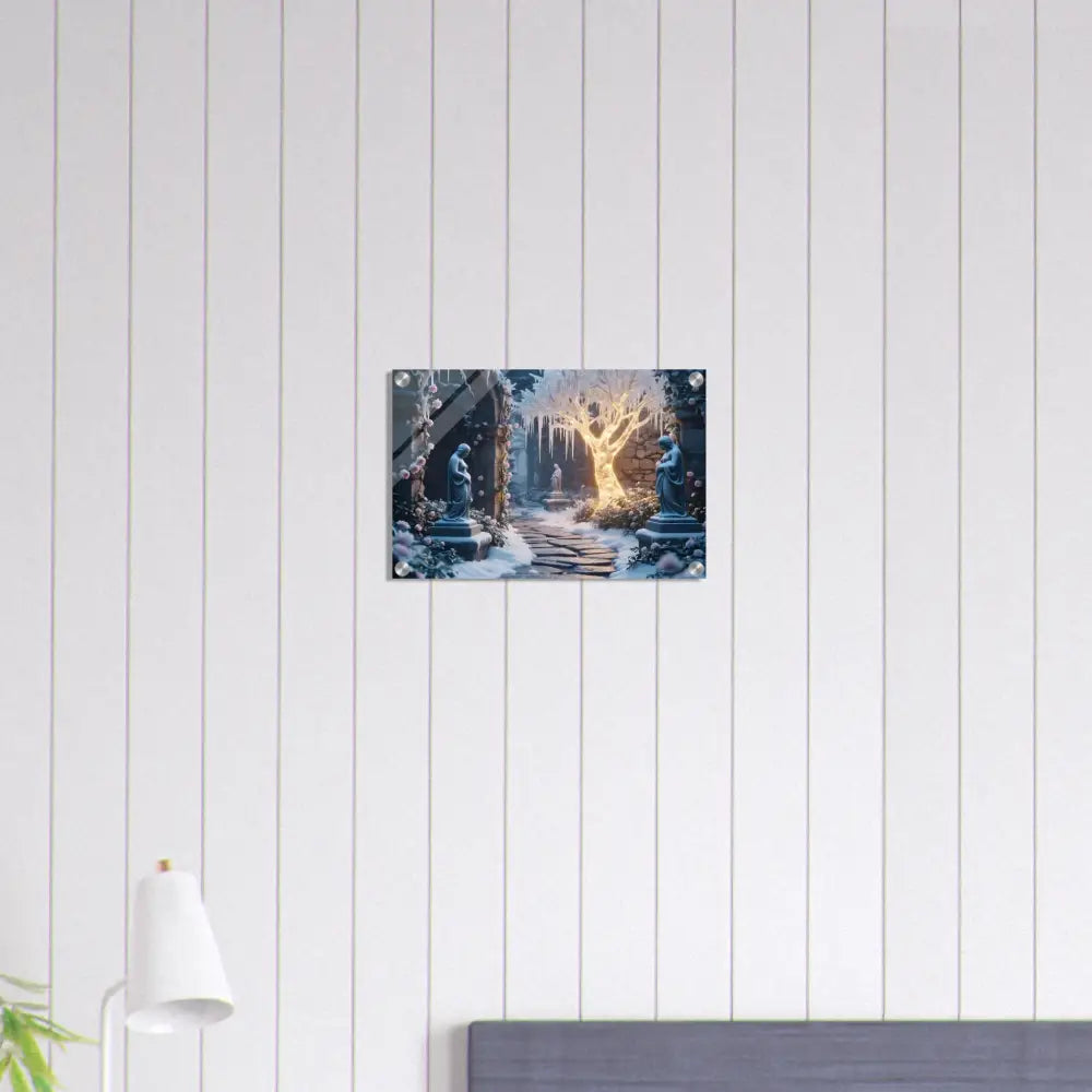Winter garden wall art featuring a glowing ice tree acrylic design for elegant home decor
