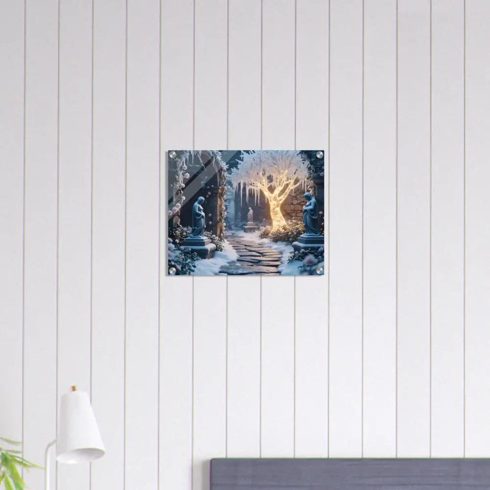 Winter garden acrylic print displayed on the Winter Tree Acrylic Wall Art by PixiOnyx