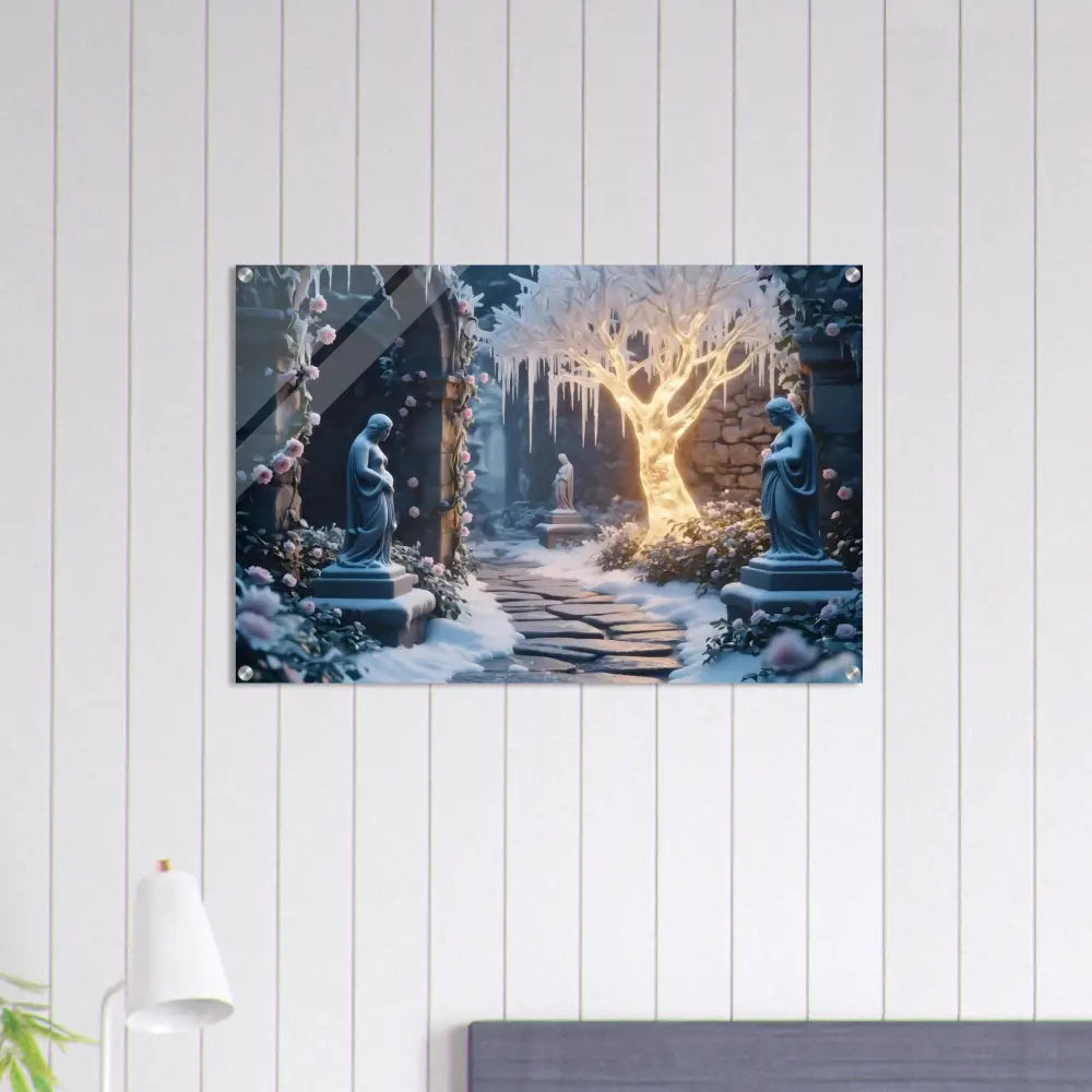 Winter garden scene acrylic print on PixiOnyx Dreamcore Wall Art showcasing glowing ice details