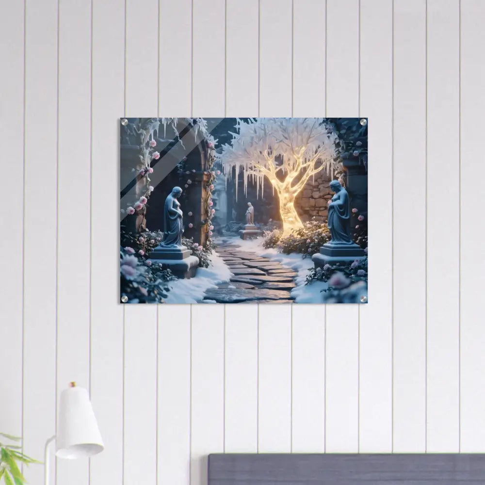 Winter garden art print displayed on Winter Tree Acrylic Wall Art in Glowing Ice Garden scene