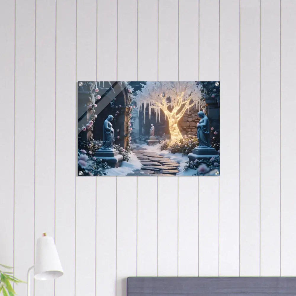 Winter garden scene acrylic print featuring a glowing ice garden wall art display