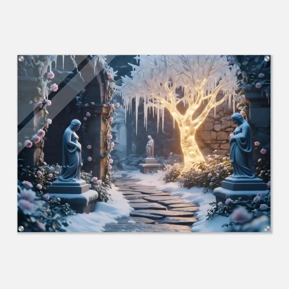 Winter garden scene with statues displayed on Winter Tree Acrylic Wall Art in a glowing ice garden style