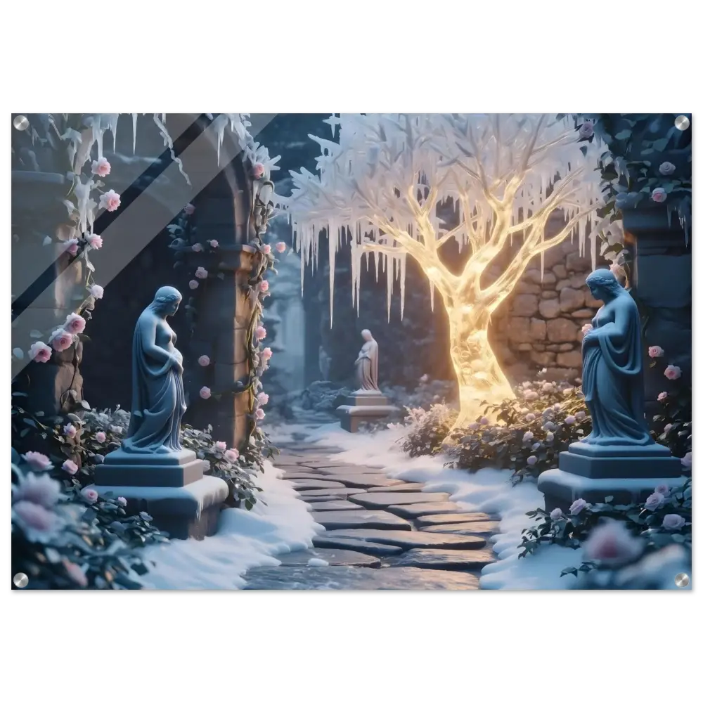 Winter garden with statues and illuminated tree acrylic wall art backdrop