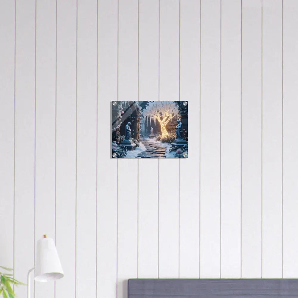 Winter garden scene acrylic print showcasing a glowing ice garden in a wall art display