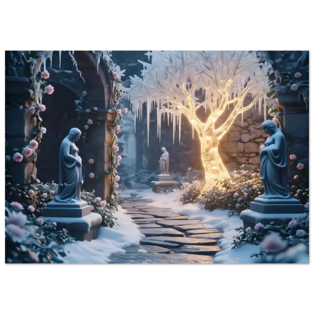 Winter garden with statues and glowing tree displayed on PixiOnyx Crystal Aluminum Print