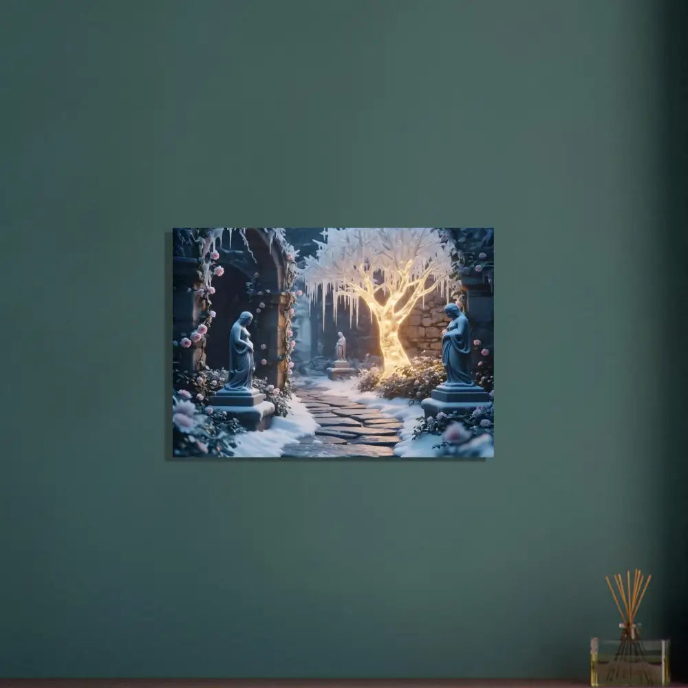 Winter garden canvas print displayed on Winter Tree Aluminum Print with glowing ice garden design