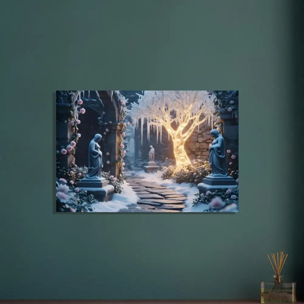 Winter garden canvas print displayed on Winter Tree Aluminum Print – Glowing Ice Garden