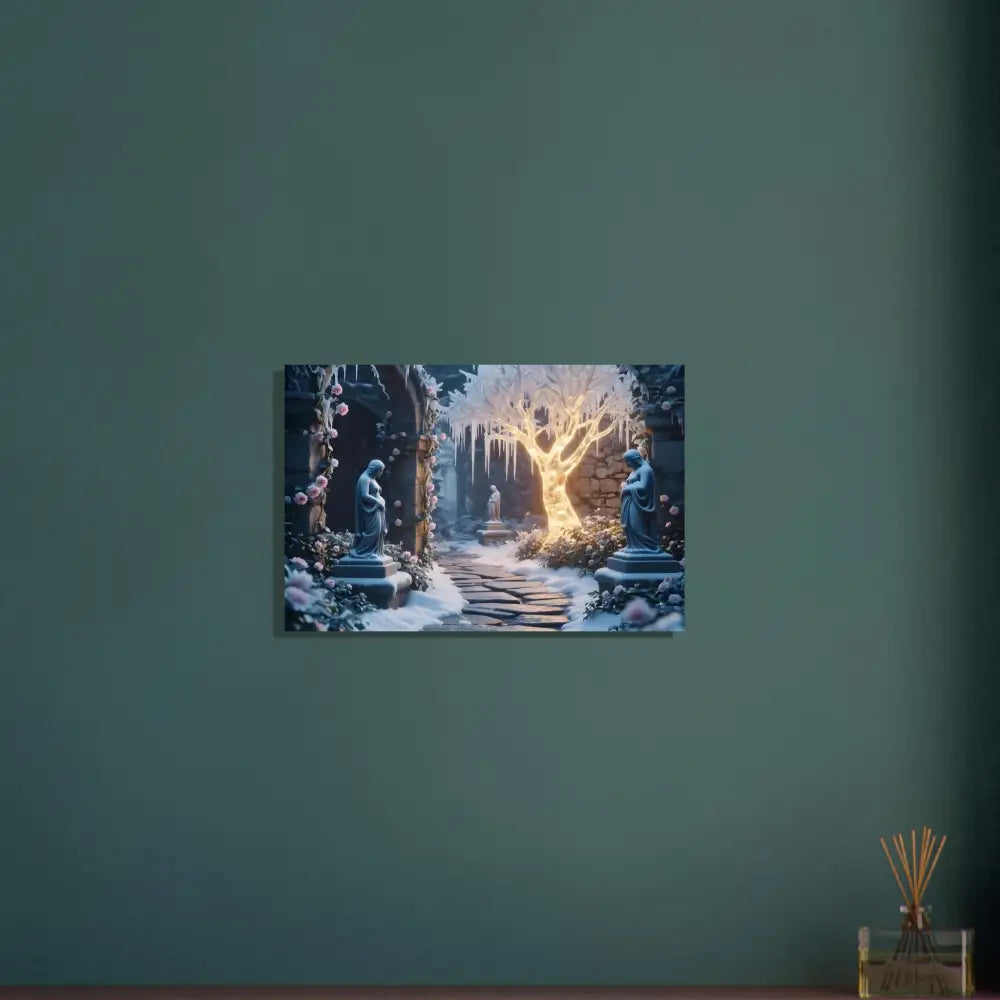 Winter garden art print on aluminum showcasing glowing ice tree design for decor