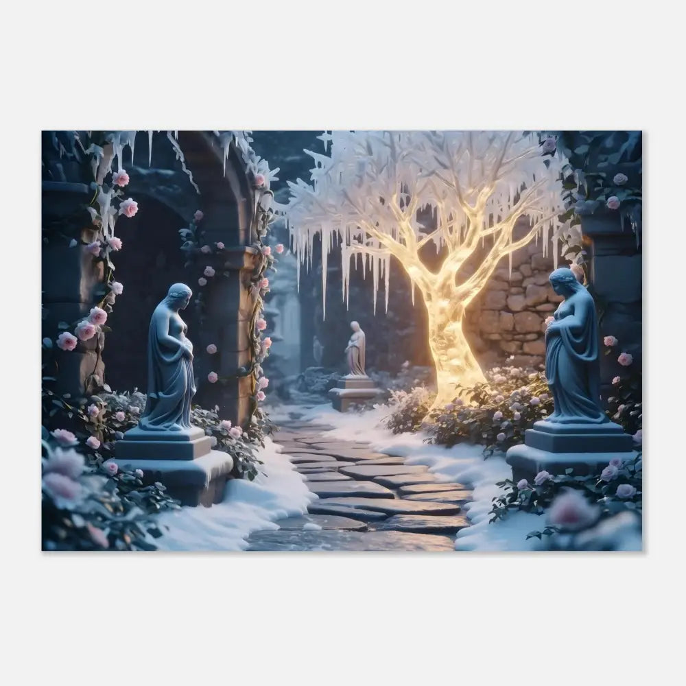 Winter garden scene with statues and glowing illuminated tree aluminum print display