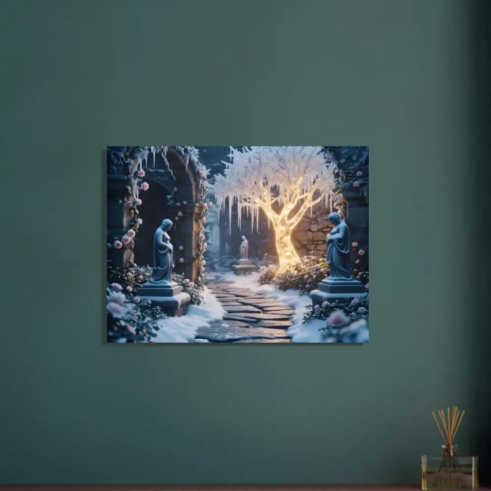 Winter garden canvas art displayed on Winter Tree Aluminum Print in Glowing Ice Garden