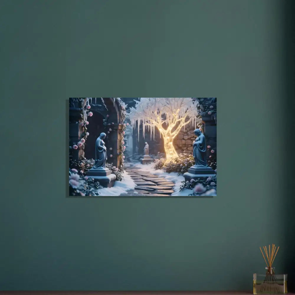 Winter garden art print displayed on Glowing Ice Garden Aluminum Wall Art in Winter Tree design