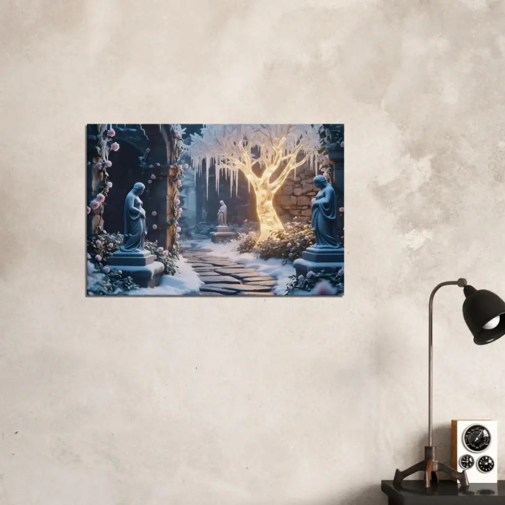 Winter garden art print featuring a surreal winter tree with glowing icy details