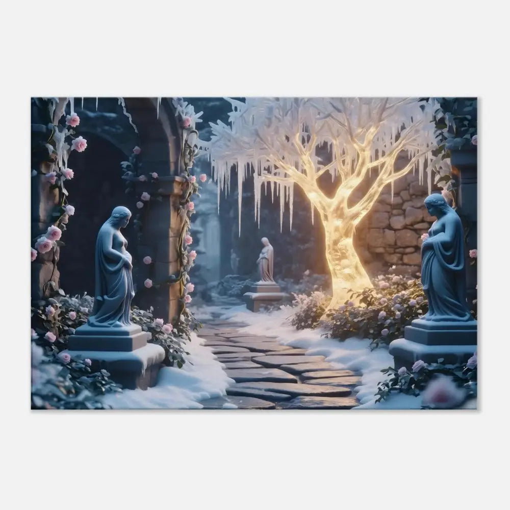 Icy garden with statues landscape on Winter Tree Glowing Ice Garden PixiOnyx Surreal Canvas Print