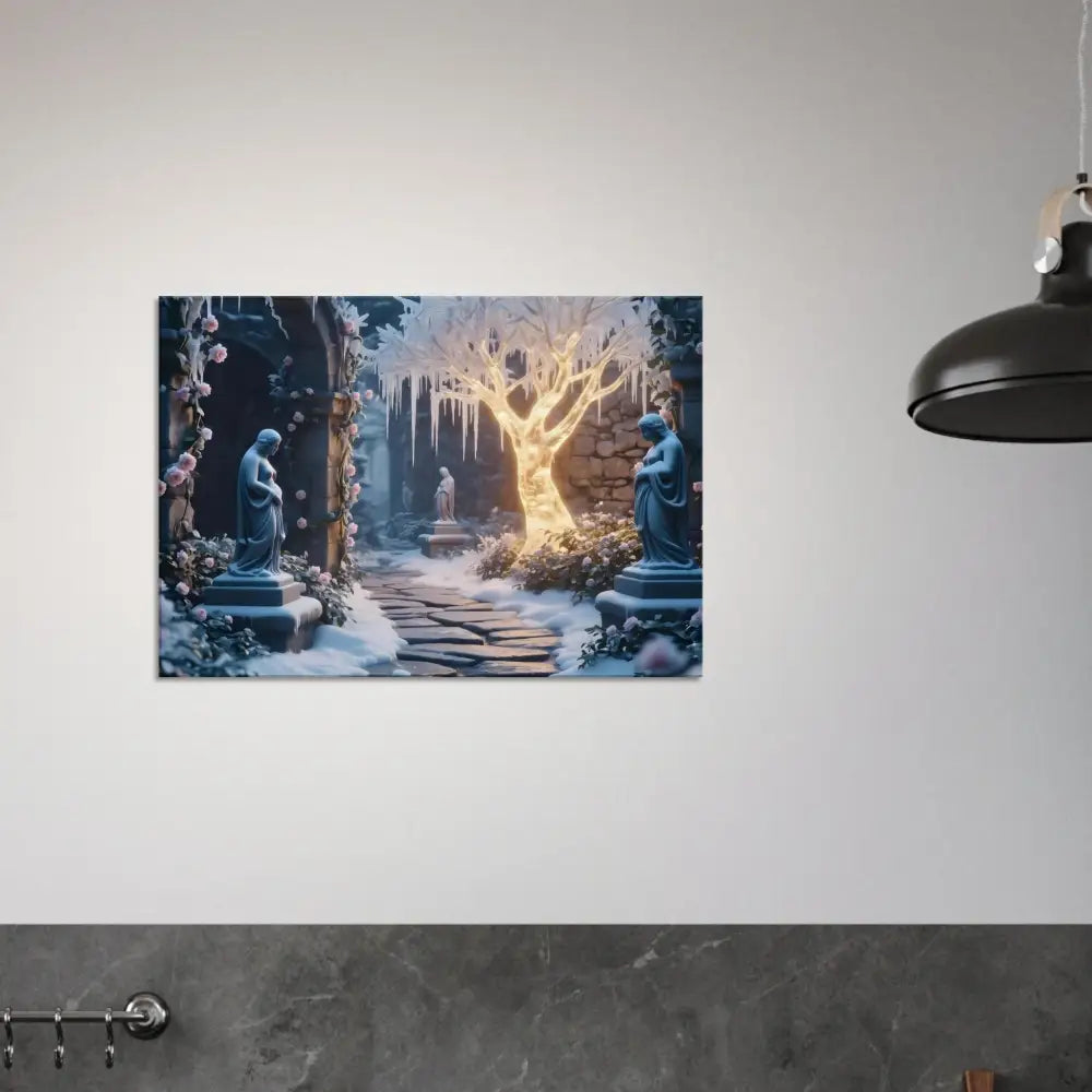 Winter garden art print featuring a surreal glowing ice tree on Canvas for modern decor