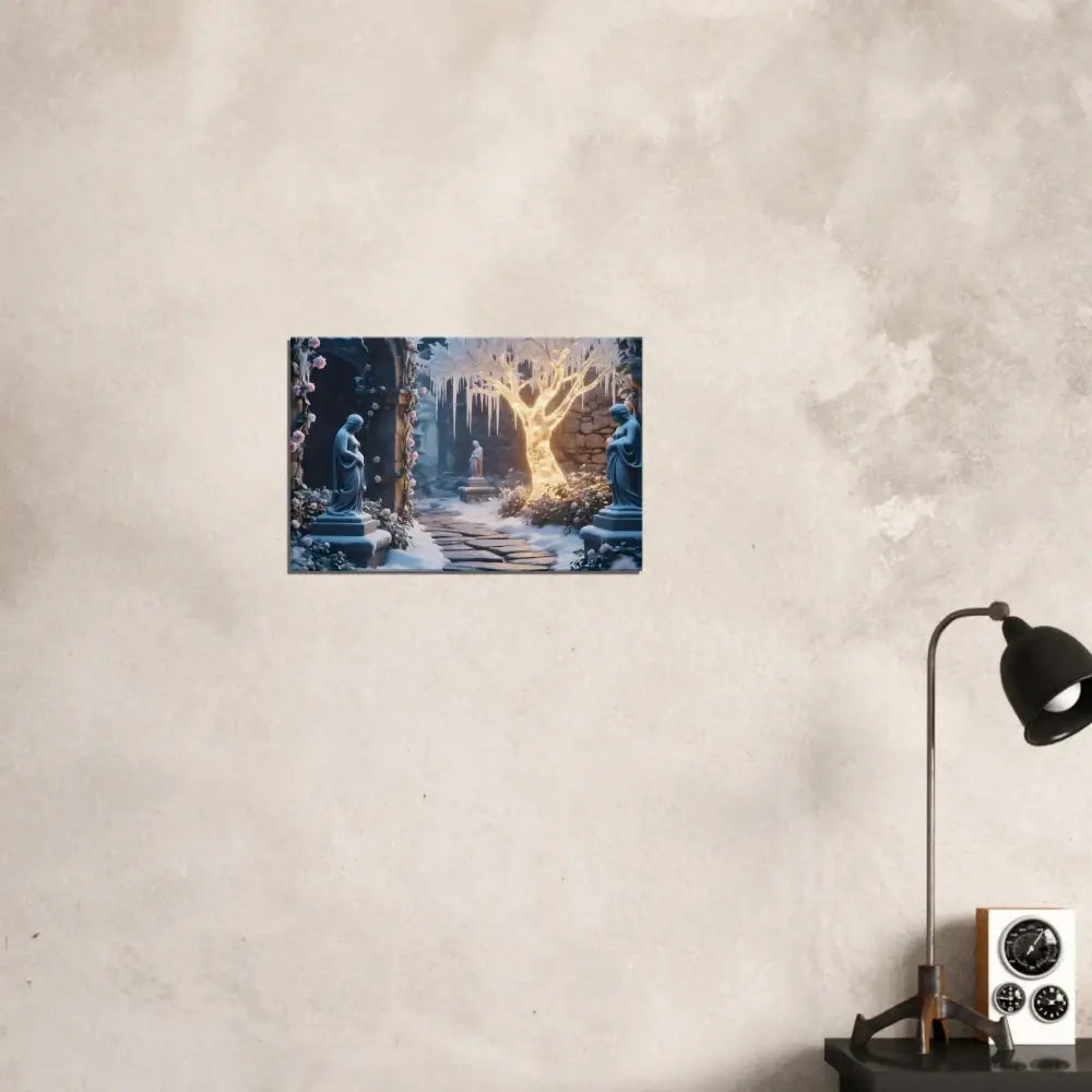 Winter garden art print showcasing a surreal winter tree on a glowing icy canvas