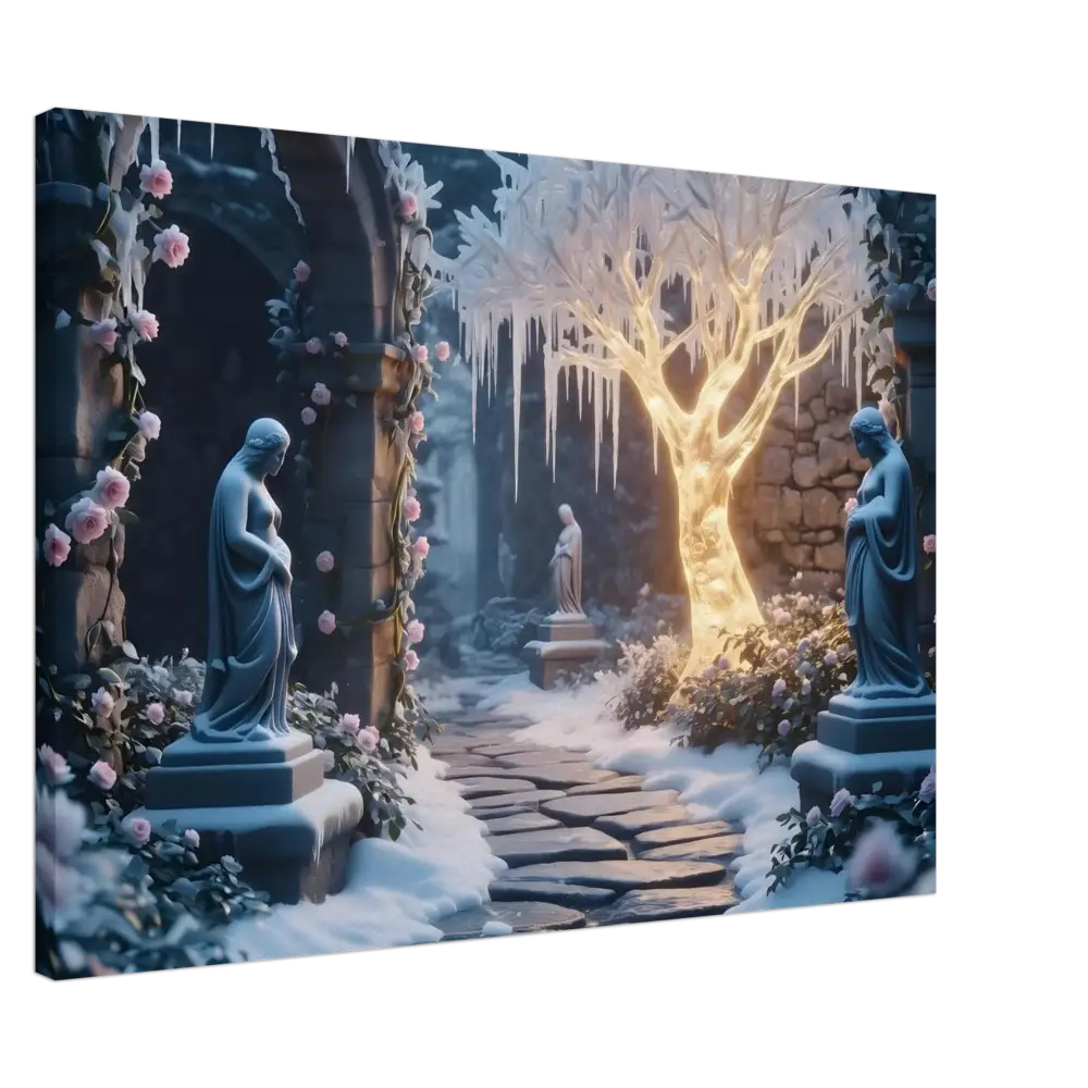 Winter garden scene with statues and glowing tree on PixiOnyx Surreal Canvas Print