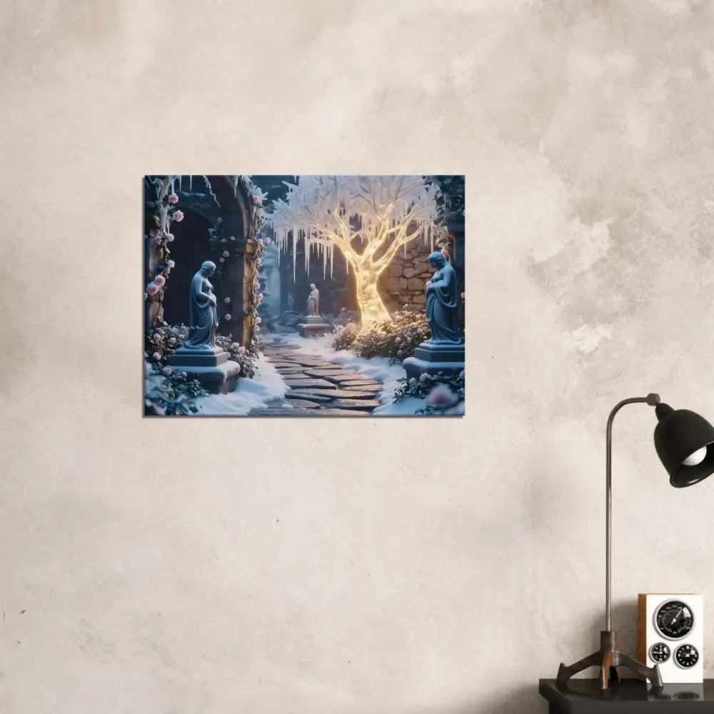 Winter garden art print featuring glowing ice trees on a Surreal Canvas Print by PixiOnyx