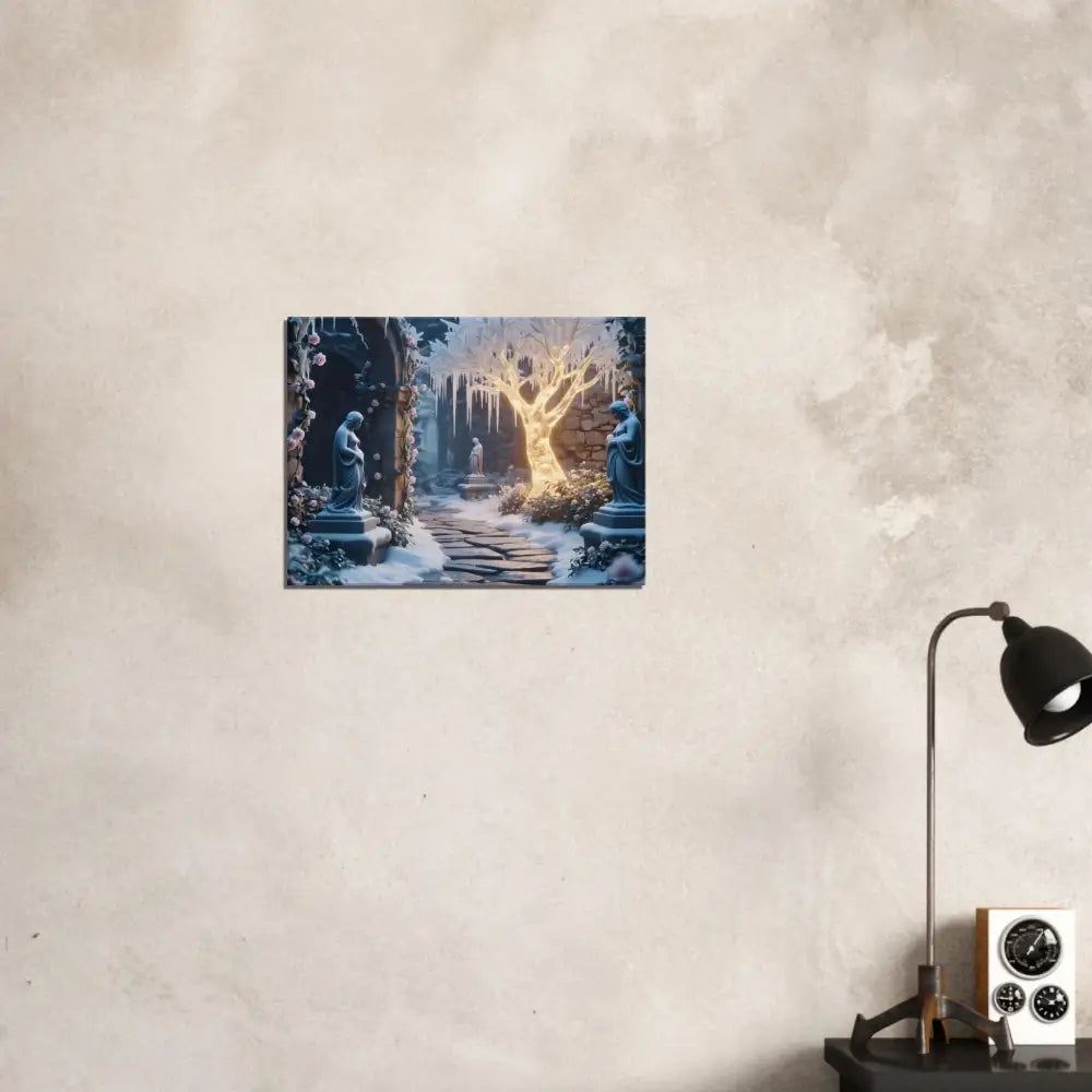 Winter garden art print featuring a glowing ice tree in a surreal winter landscape