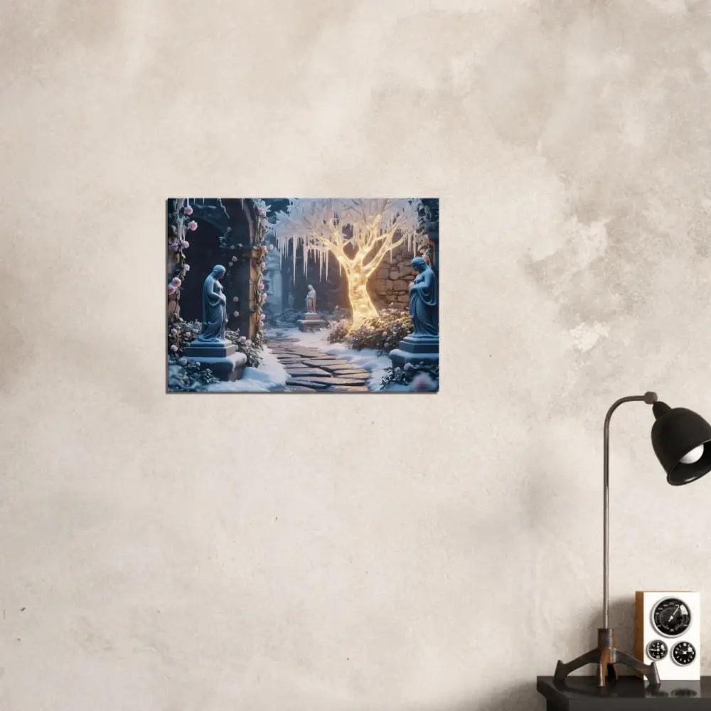 Winter garden scene print with Glowing Ice Tree on surreal canvas artwork displayed