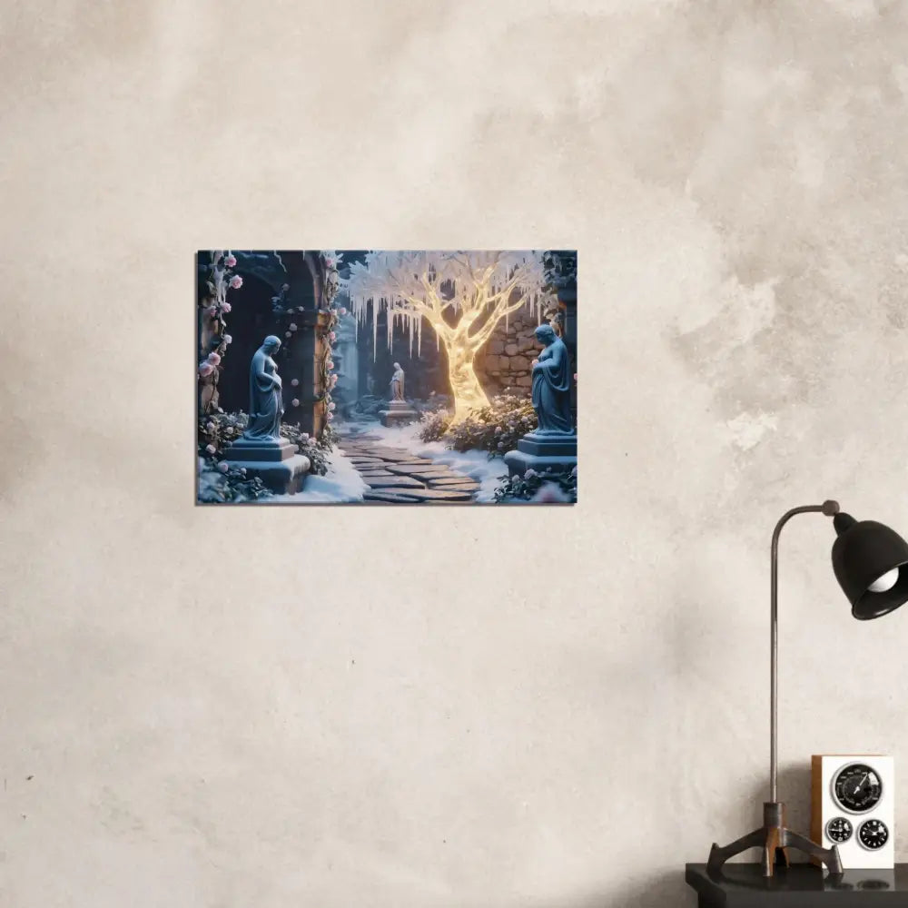 Winter garden art print featuring glowing ice tree in surreal winter landscape artwork
