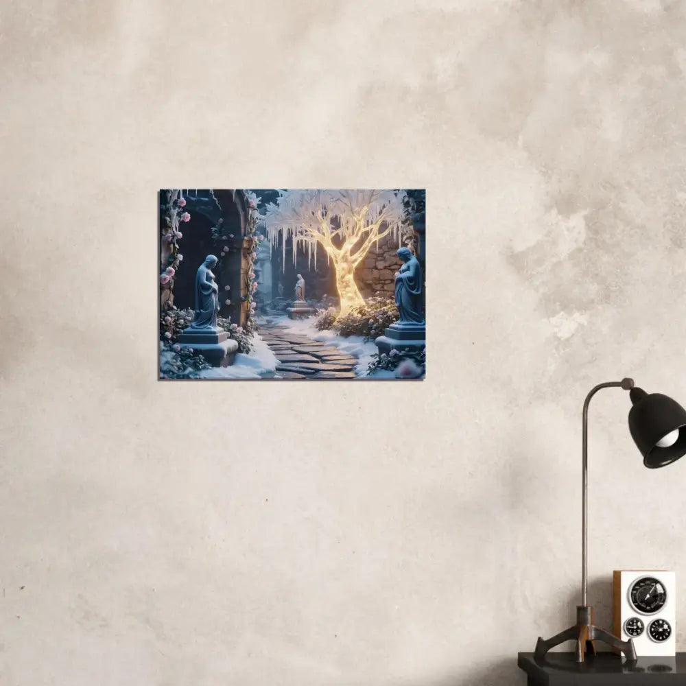 Winter garden art print featuring a glowing ice tree in a surreal winter landscape