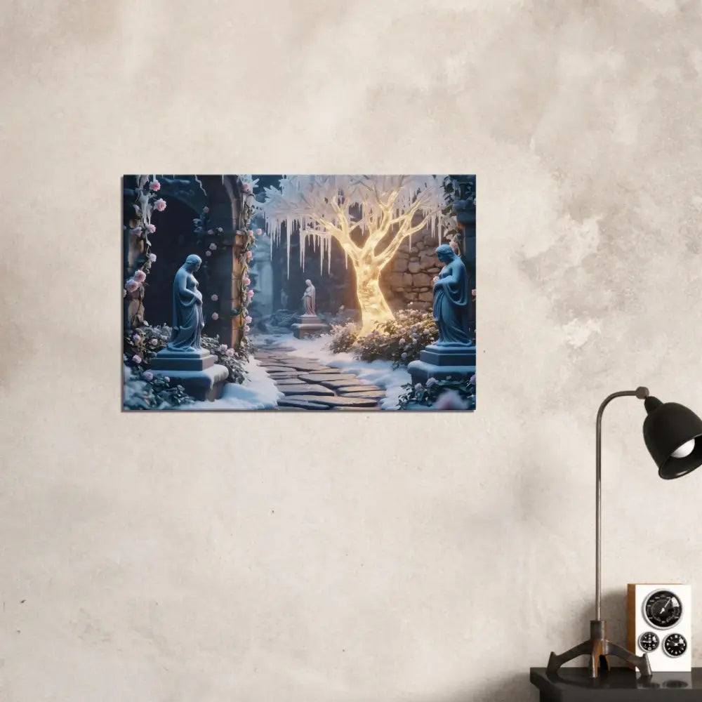 Winter garden art print featuring a glowing ice tree on a surreal canvas by PixiOnyx
