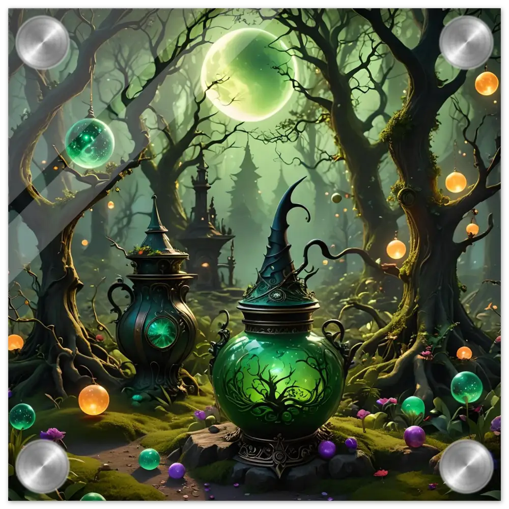 Glowing green witch’s cauldron on Mystic Depth Wall Art acrylic panel for witchcraft decor