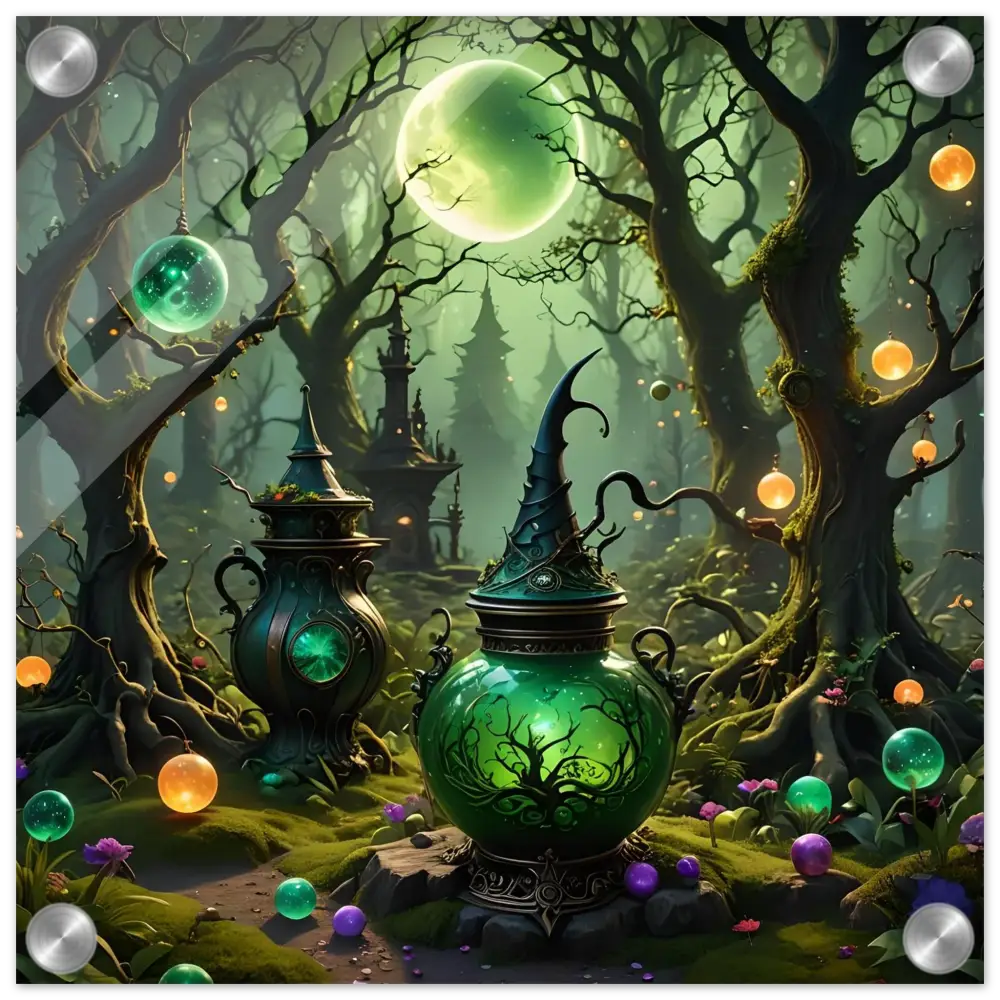 Green witch’s potion jar on Mystic Depth Wall Art Acrylic Panel for Witchcraft Forest decor
