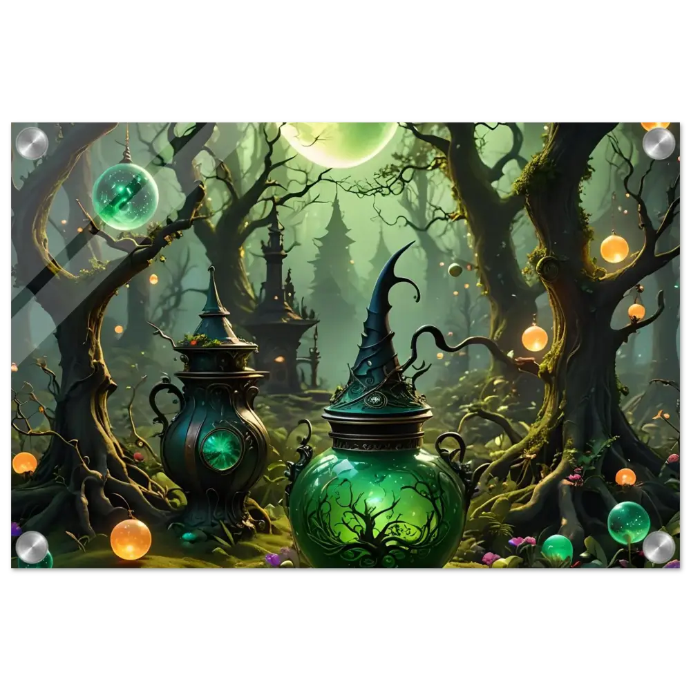 Enchanted green potion jar with witch hat lid on Witchcraft Forest Acrylic Panel wall art