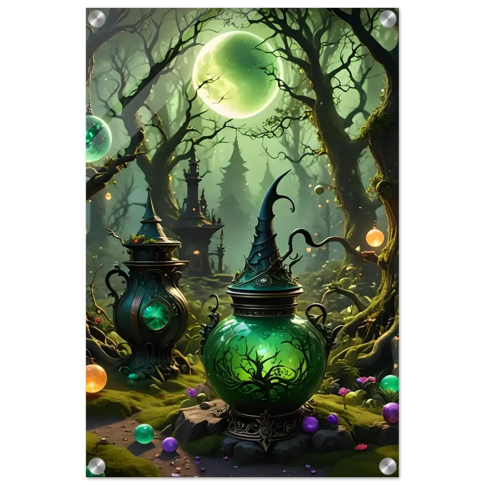 Green magical potion pot displayed in Witchcraft Forest Acrylic Panel Mystic Depth Wall Art