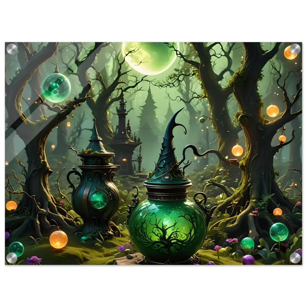 Green witchs brew pot with pointed hat lid on Mystic Depth Wall Art acrylic panel