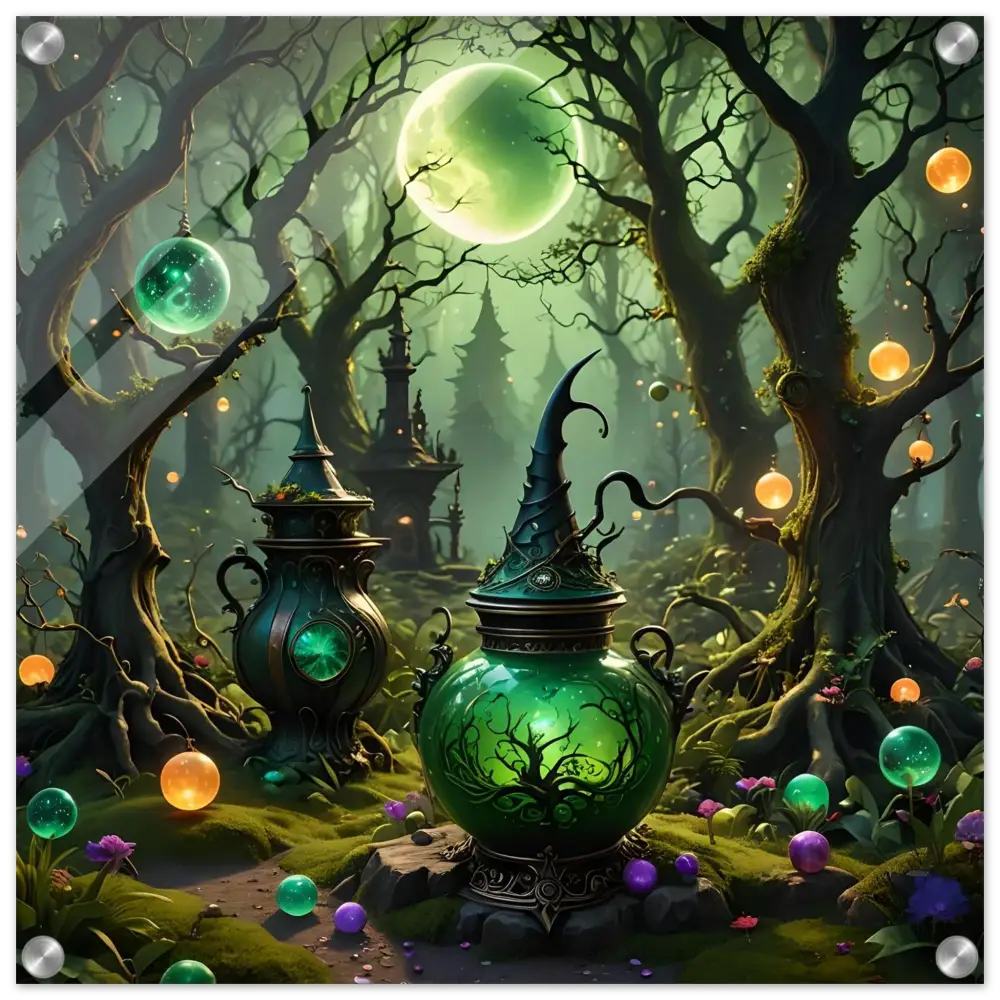 Glowing green witch’s brew pot featured in Witchcraft Forest Acrylic Panel Mystic Depth Wall Art