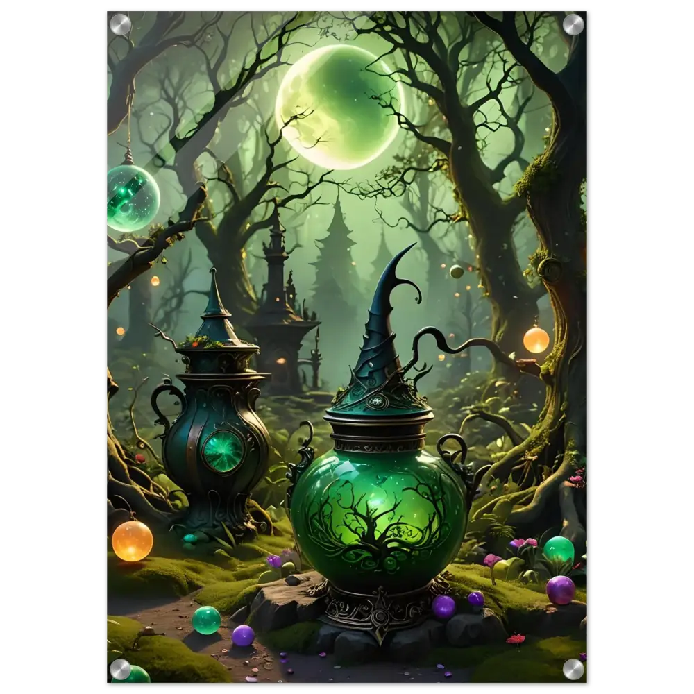Green witch’s brew pot displayed on Witchcraft Forest Acrylic Panel Mystic Depth Wall Art