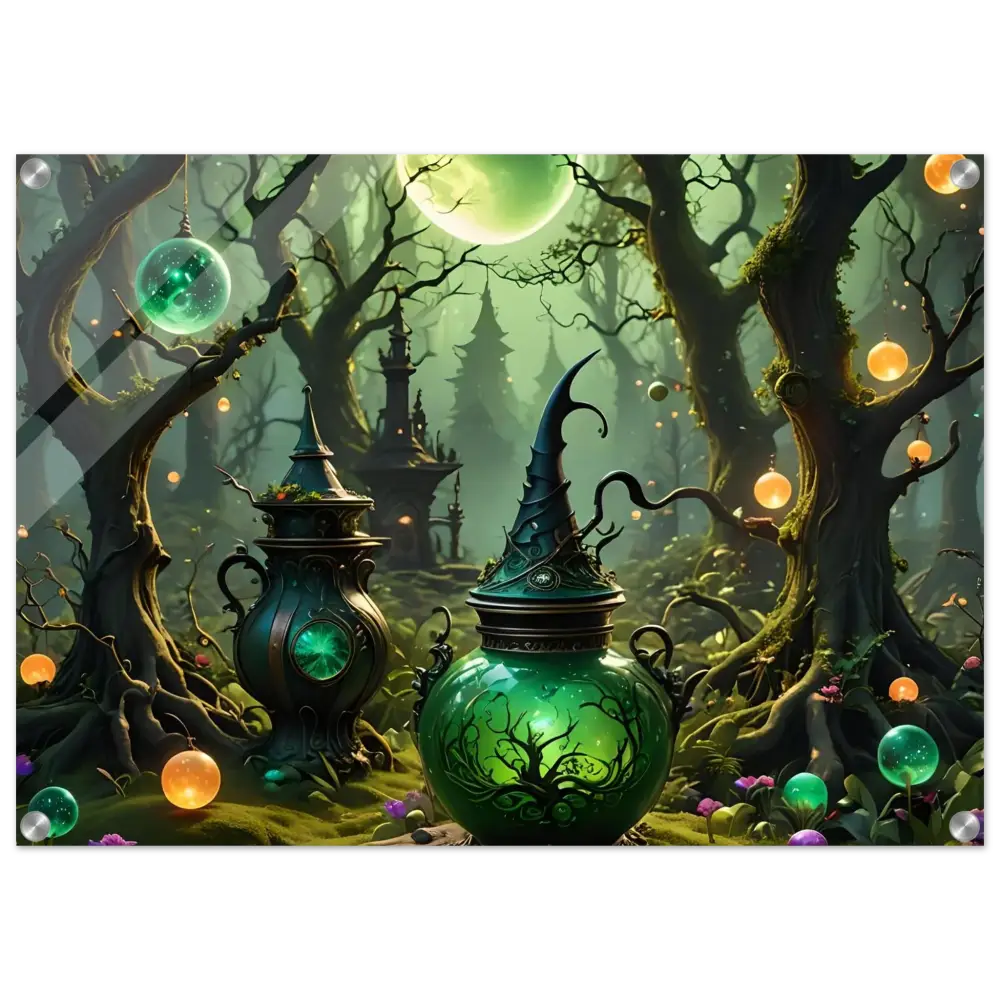 Enchanted green potion jar with witch’s hat lid displayed on Witchcraft Forest Acrylic Panel