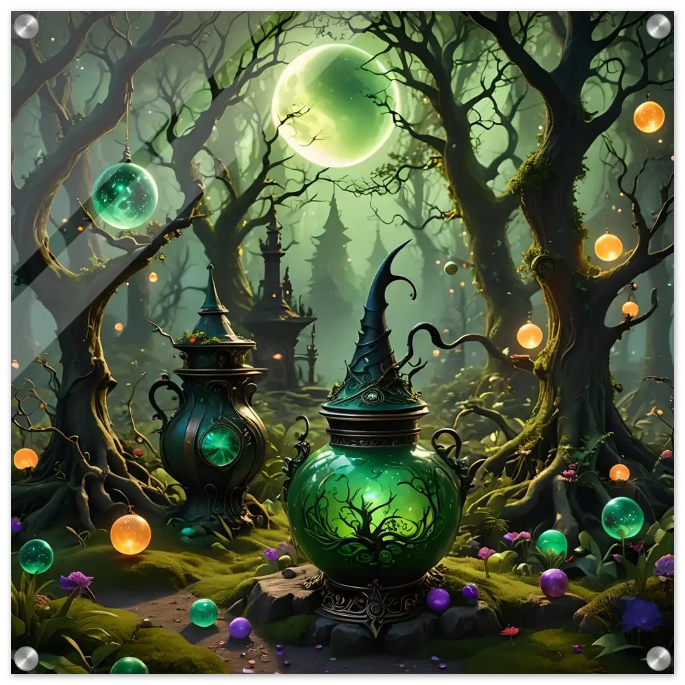 Glowing green witch’s cauldron displayed on Witchcraft Forest Acrylic Panel Wall Art